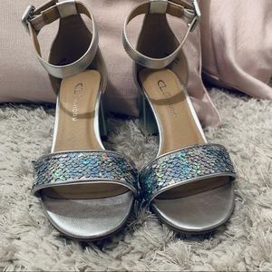 Chinese Laundry Silver Sequin Block Heels 3in.